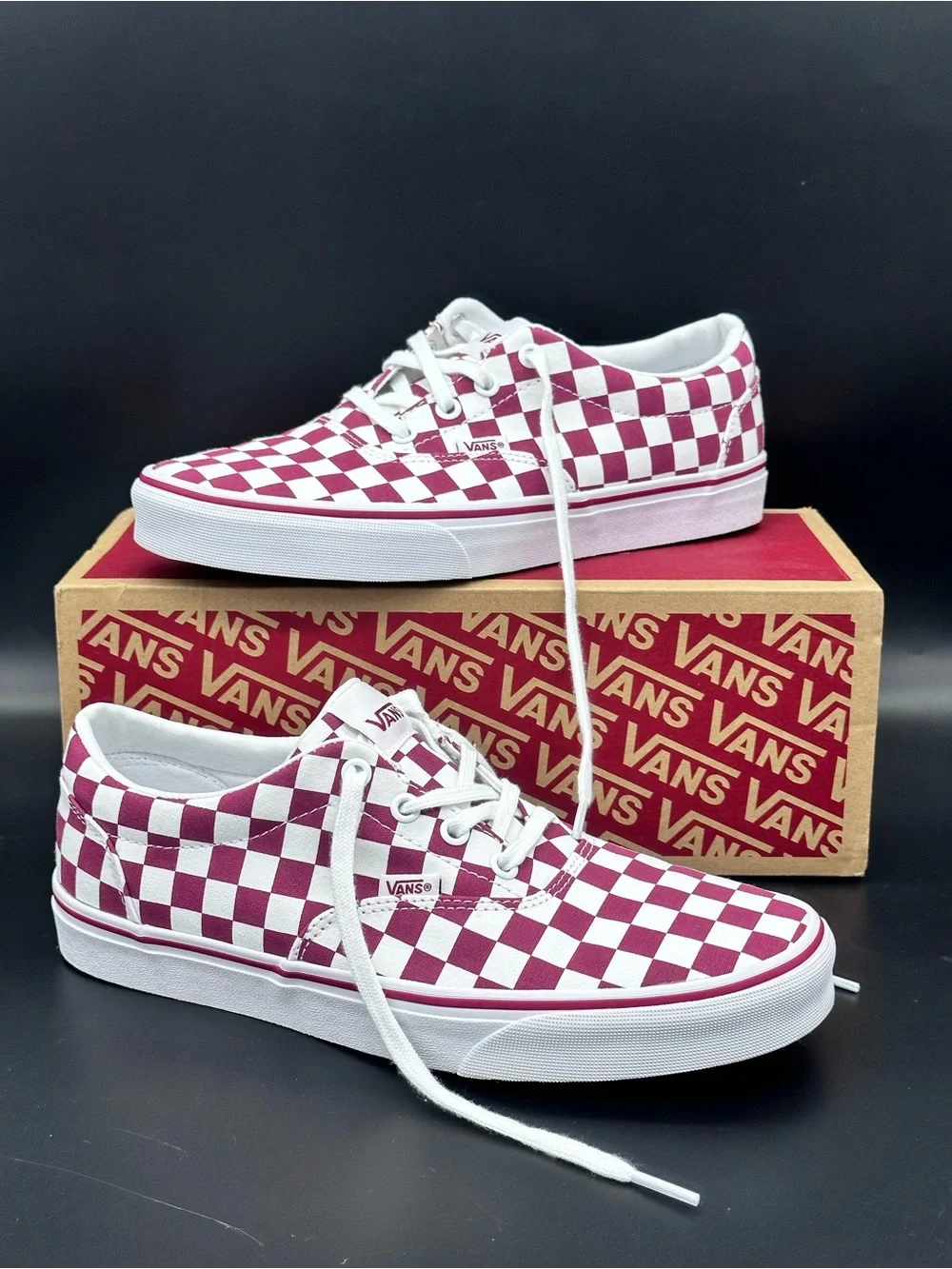 Size 9.5 Vans Doheny Checkerboard Women’s Burgundy Red White Canvas Skate Shoes